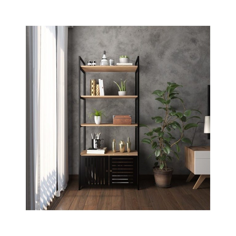 Estante Estilo Industrial com Portas de Metal Vazadas Preta Estante Estilo Industrial com Portas de Metal Vazadas Preta