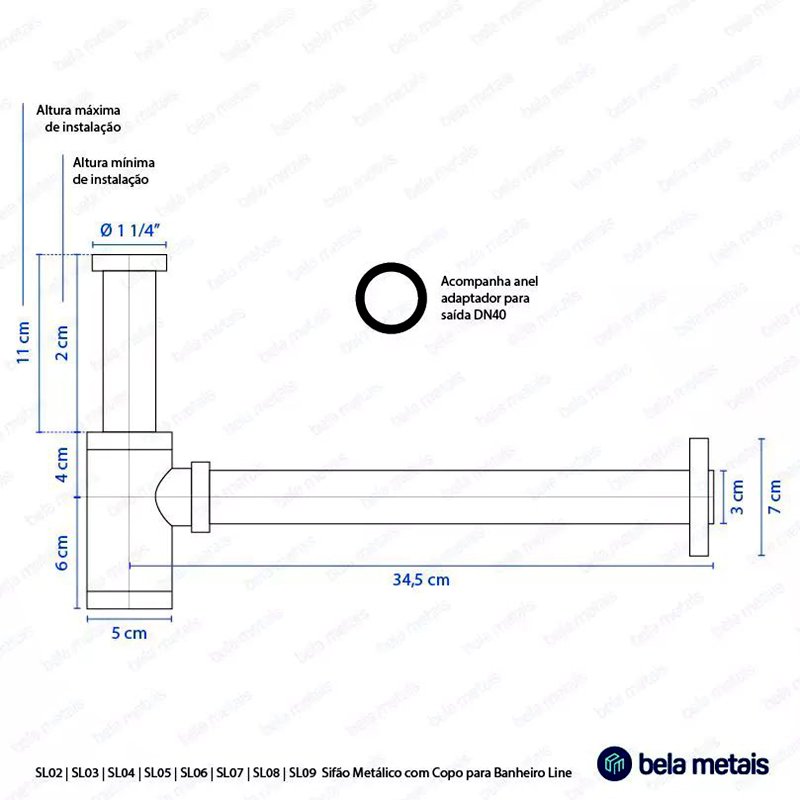 Sifão Metálico com Copo para Banheiro Line Escovado Bela Metais - 8