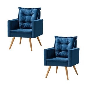 Kit 2 Poltronas Cancun Decorativa para Recepção Estofado Veludo Azul Pés Palito - Azul