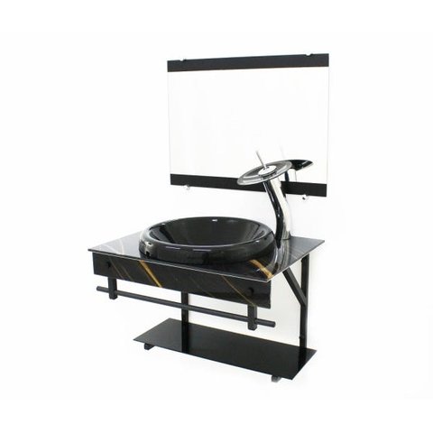 GABINETE DE VIDRO PARA BANHEIRO APX 60CM COM CUBA CHAPEU - MÁRMORE PRETO DOURADO