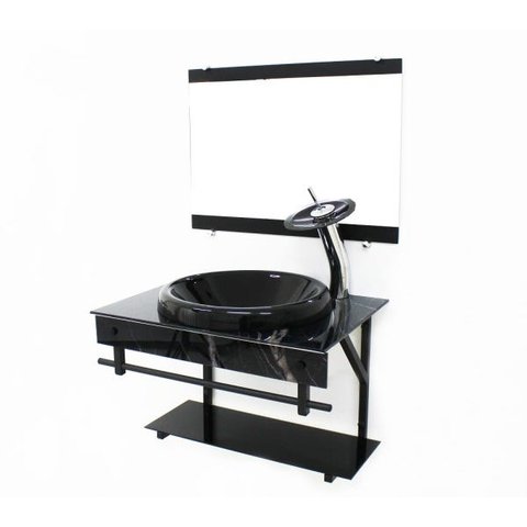 GABINETE DE VIDRO PARA BANHEIRO APX 60CM COM CUBA CHAPEU - MÁRMORE PRETO