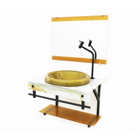 GABINETE DE VIDRO PARA BANHEIRO APX 60CM COM CUBA CHAPEU - MÁRMORE BRANCO DOURADO