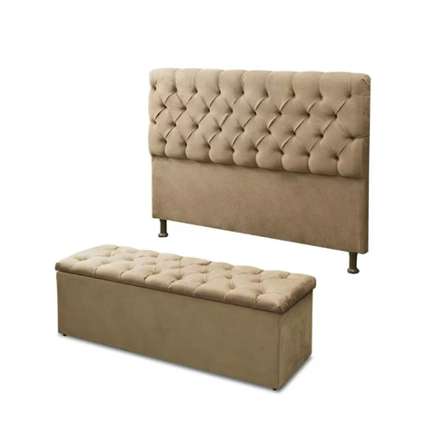 Kit Cabeceira com Baú Mirage Capitonê 195 cm Suede Bege - Biselo's Decor