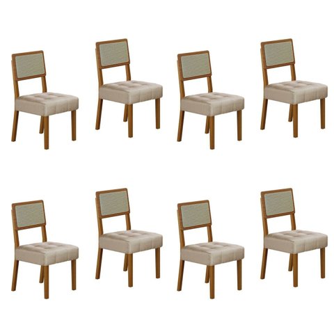 Kit 8 Cadeiras para Sala de Jantar Pés em Madeira Maciça Liz Bege/Cinamomo/Veludo