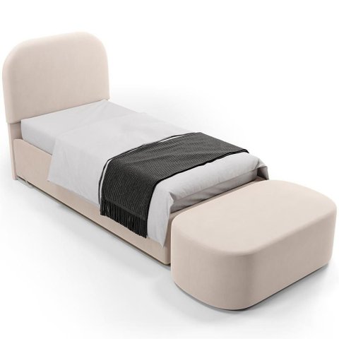 Cabeceira Cama Box 100cm Lanna com Puff Recamier Doha W01 Suede Bege - Lyam Decor