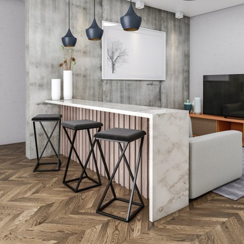 Banqueta Z Média 60cm com Armação de Metal Preto com Assento Estofado Preto