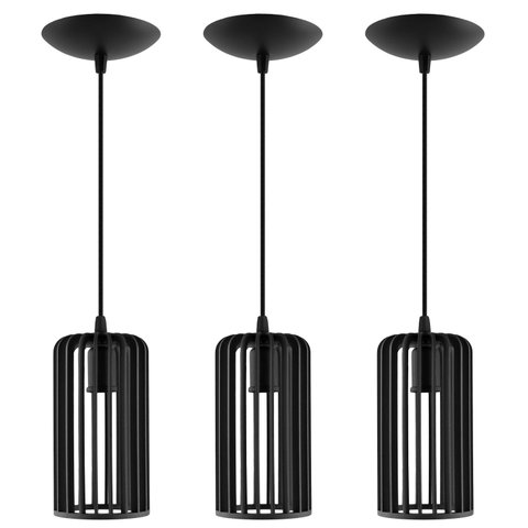Luminária Pendente Madeira Paladio P E27 Sala 3 Unidades:preto