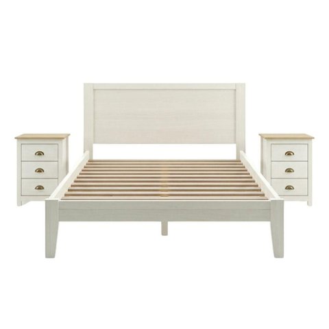 Cama Casal 2 Mesas de Cabeceira Madeira 3 Gavetas Taeda Branco Freijo Festra