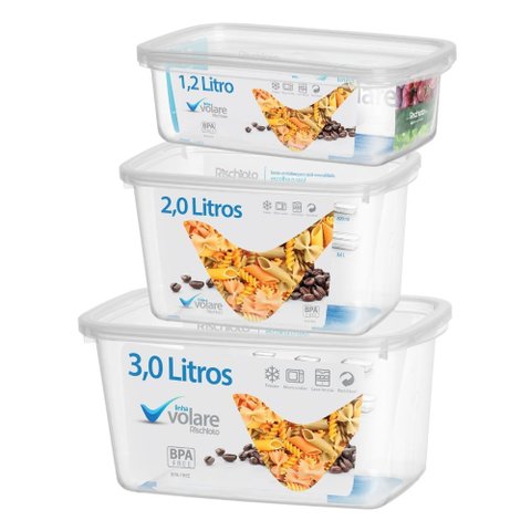 Kit 03 Potes Transparente Grande Volare Rischioto 3l - 2l - 1,2l - Marmita Presidio Comida Retangula