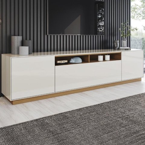 Rack TV Celen 89 pol 200cm MDF-MDP 3 Portas Off White e Cinamomo Mpozenato