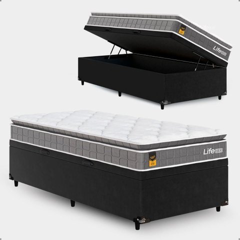 Cama Box Baú Solteiro Preto + Colchão Life D33 Pillow Top 61x88x188cm Cinza - e-Shop Casa