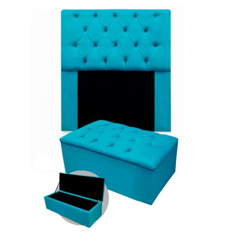 Kit Cabeceira + Calçadeira Baú Mirage Solteiro 120cm Suede - Ecotec Decor:Azul Turquesa