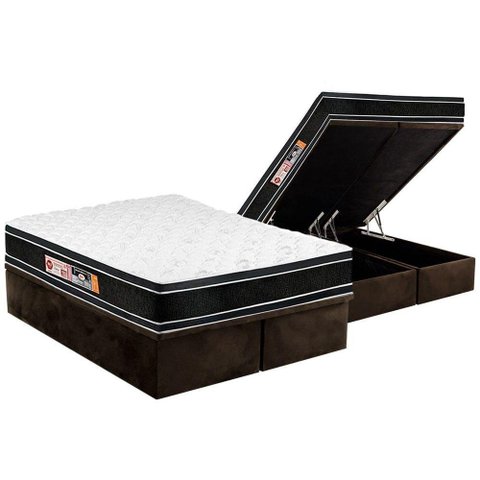 Cama Box Baú King: Colchão Espuma D33 Castor Black e White Double Face + Base CRC Suede Brown(