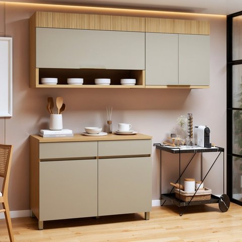 Cozinha Completa Modulada 3 Peças 5 Portas 2 Gavetas 100% MDF Realeza Premium Bege/Carvalho/Greige
