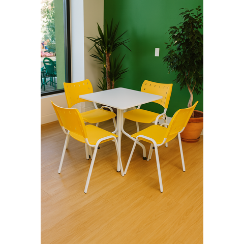 Jogo Mesa Quadrada 70x70 para Restaurante Comércio com 4 Cadeiras Iso Amarela Base Branca