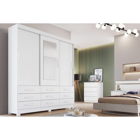 Guarda Roupa Solteiro 3 Portas e 9 Gavetas C/ Espelho Jequitibá/buriti Branco - Novo Horizonte