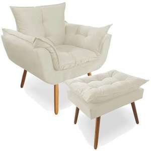 Poltrona Decorativa Deluxe com Puff Suede Bege