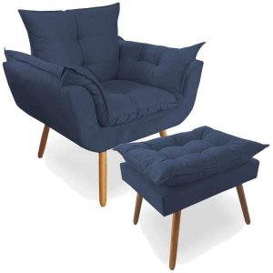 Poltrona Decorativa Deluxe com Puff Suede Azul Marinho