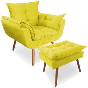 Poltrona Decorativa Deluxe com Puff Suede Amarelo