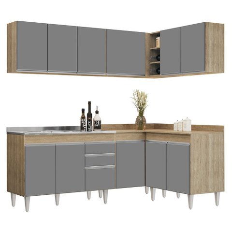 Armário de Cozinha Modulado de Canto 6 Peças Cp30 com Pia Inox Castanho/cinza - Lumil Lumil Móveis