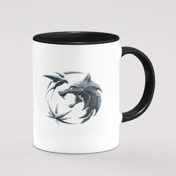 Caneca The Witcher medalhão lobo branco alça Int. preta - 1