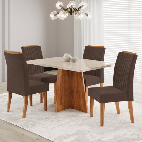 Conjunto Sala de Jantar 120x77,8cm Tampo com Vidro e 4 Cadeiras Tannat Yescasa Marrom/Mel/Off White/Bombom