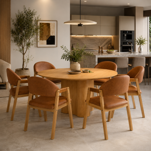 Conjunto Mesa Jantar Redonda 150cm + 6 Cadeiras Estofadas Allegra Noronha Sala Area Gourmet Varanda: