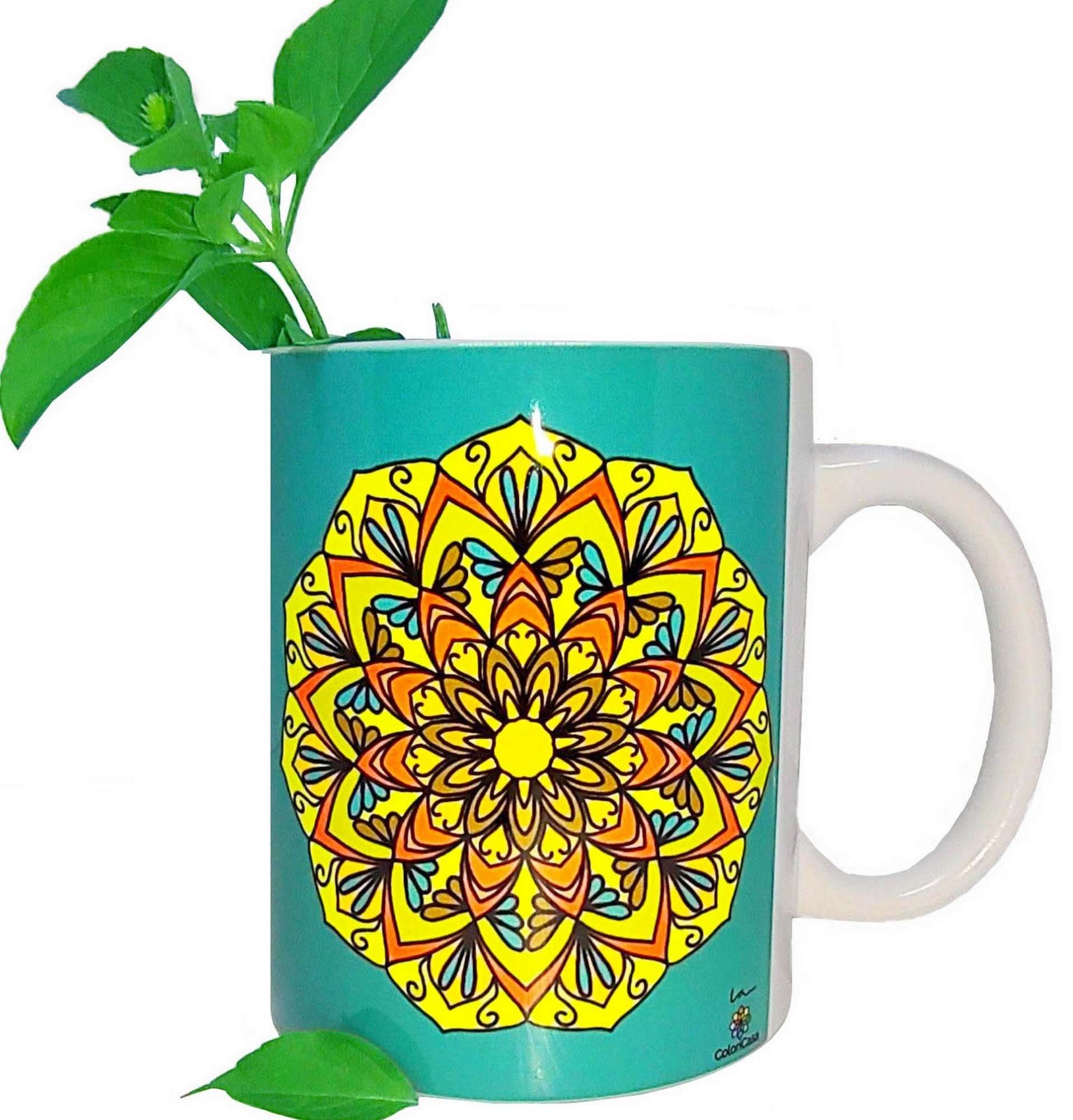 Caneca De Porcelana Personalizada Xícara Decorada Café 325 ML Mandala Liberdade Azul Amarelo - 1