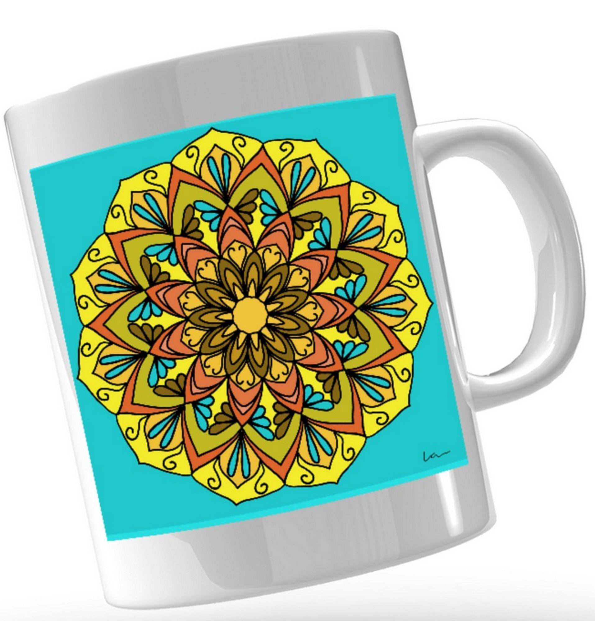 Caneca De Porcelana Personalizada Xícara Decorada Café 325 ML Mandala Liberdade Azul Amarelo - 3