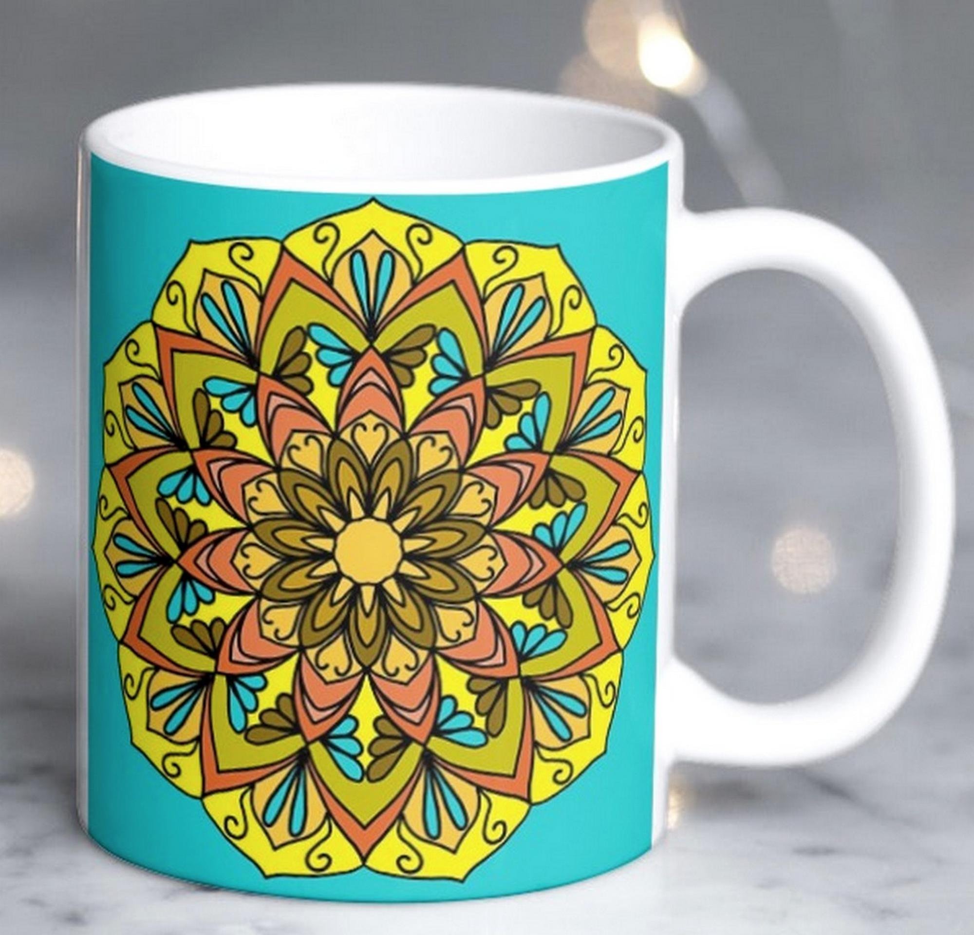 Caneca De Porcelana Personalizada Xícara Decorada Café 325 ML Mandala Liberdade Azul Amarelo - 2