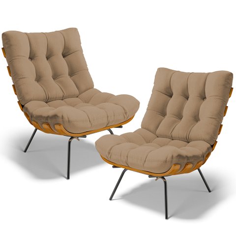 Kit 2 Poltronas Decorativas Sala de Estar Costela L02 Linho Bege Escuro - Lyam Decor