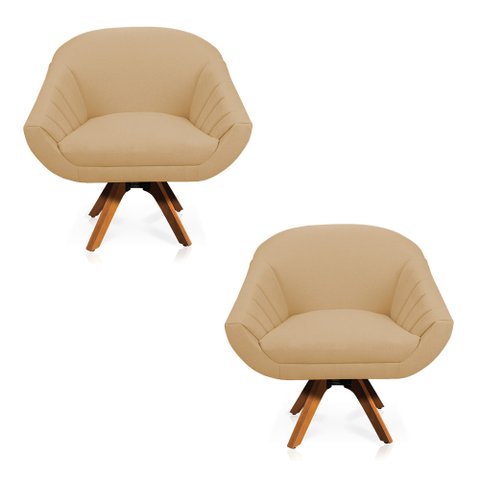 Kit 02 Poltronas Giratória Giovana Linho Base Madeira MM30 - D’Rossi - A27 Areia