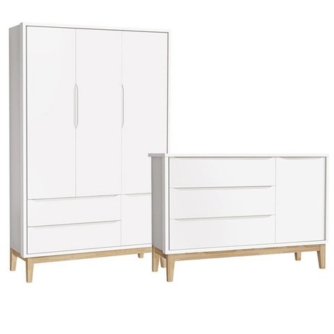 Jogo de Quarto Classic Guarda Roupa 3 Portas e Cômoda Branco Fosco com Pés Madeira Natural - Reller 