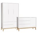 Ver imagem 1 de Jogo de Quarto Classic Guarda Roupa 3 Portas e Cômoda Branco Fosco com Pés Madeira Natural - Reller