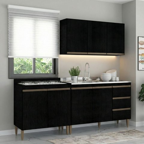 Armário de Cozinha Compacta Modulada 200cm 3 Peças Milão Menu Móveis Preto