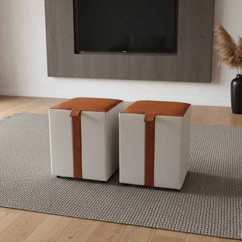 Puff  Quadrado Descanso Sala Kit 2 com Alça Lucca Base Fixa Sintético Pu Nozes e Linho Bege