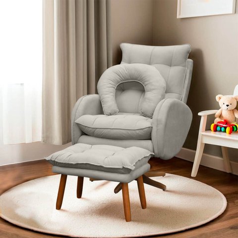 Kit Poltrona de Amamentação Base Giratória Balanço e Puff Angra Veludo - Sofa Store:Veludo Bege Marf