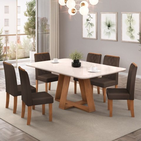 Conjunto Sala de Jantar Mesa Tampo Retangular Chanfrado Curvo Mad/vid 160 X 90cm Kiara Freijó Off Wh