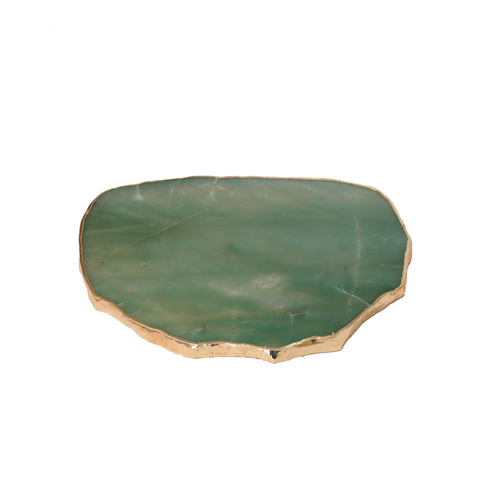 Platter Pedra Quartzo Verde 20 À 24cm com Banho de Ouro na Borda