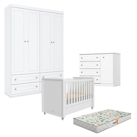 Quarto Infantil 4 Portas Mississipi com Berço Tutto New Branco Fosco e Colchão Gazin - Matic