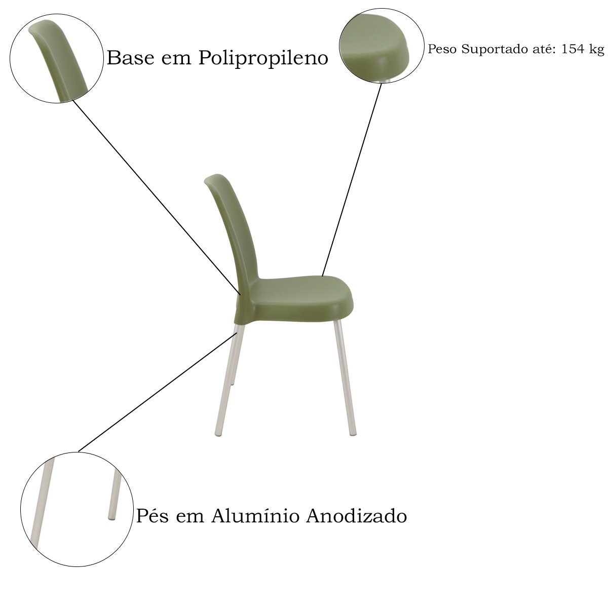Conjunto 4 Cadeiras Plástica Vanda com Pernas de Alumínio Anodizadas- Tramontina - Verde Oliva 92053 - 4