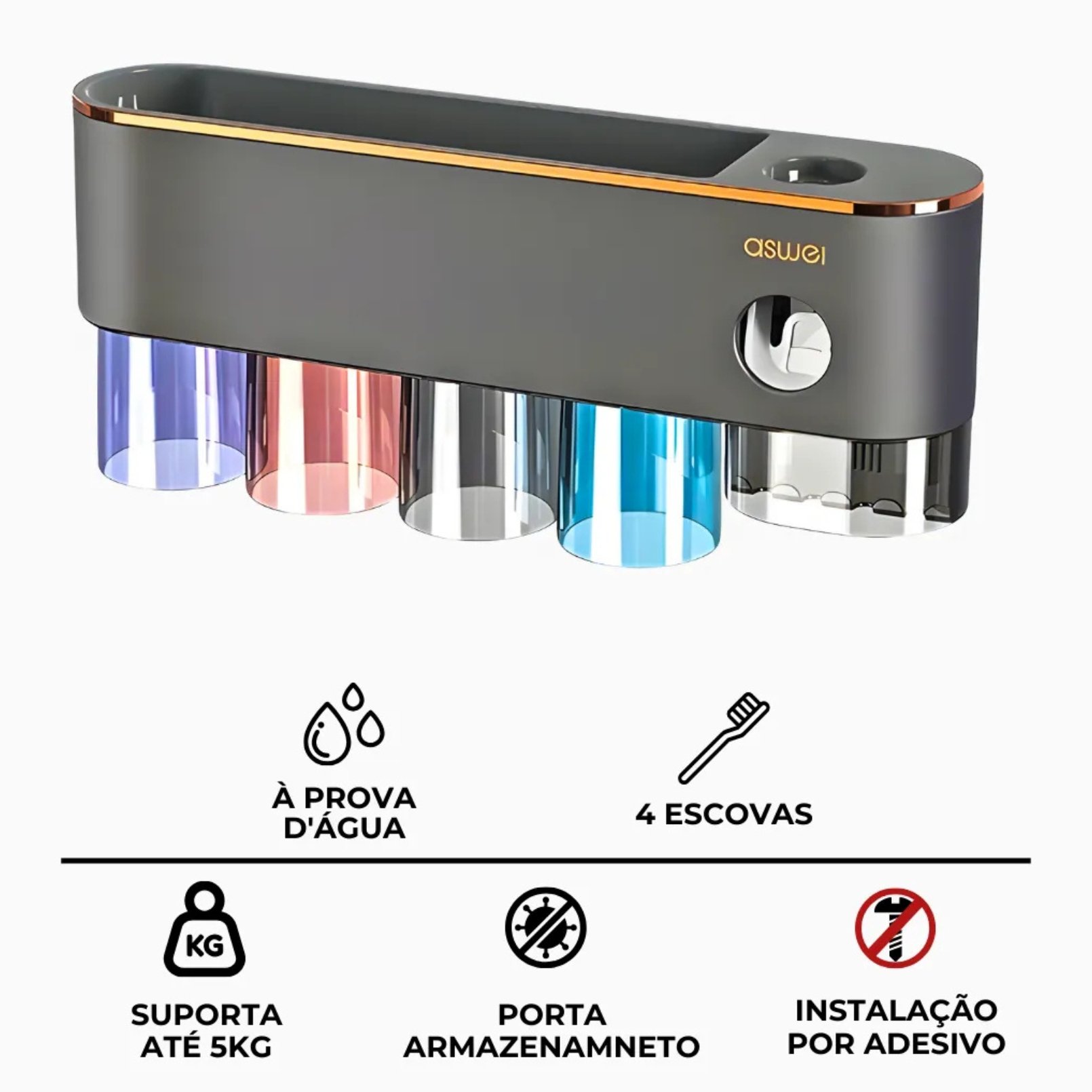 Suporte Dispenser Pasta e Escova de Dente para Banheiro - 5