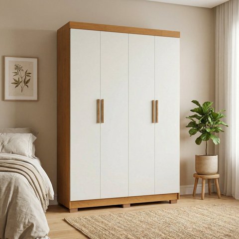 Guarda-Roupa Solteiro Ravena 4 Portas 2 Gavetas 100% MDF Off White/Cerejeira/Nevaska