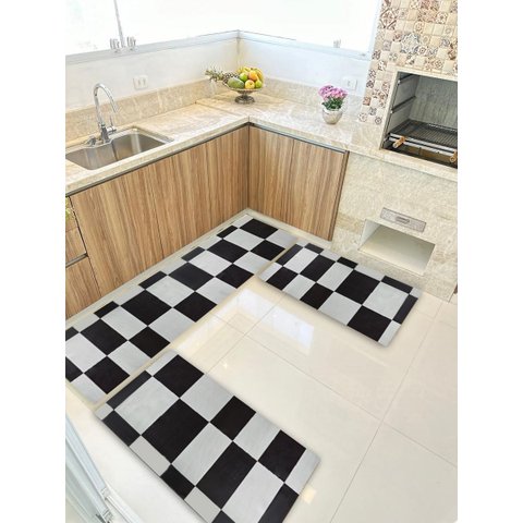 Kit 3 Peças Jogo Cozinha Passadeira Manta Vinilico Laminado Xadrez