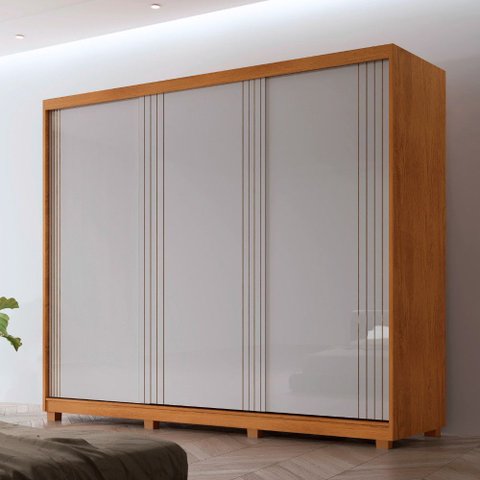 Guarda Roupa Casal Connor Mdf 3 Portas 4 Gavetas 6 Prateleiras com Pés Moderna Mobília
