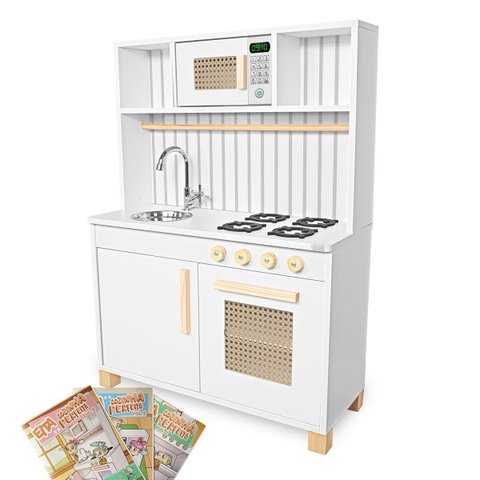 Kit Livro Cozinha Infantil Retro com Pia Fogão e Microondas - Branco