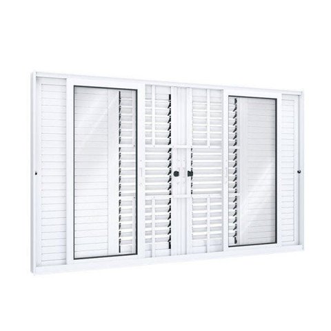 Janela Veneziana de Correr 6 Folhas com Grade Quadriculada e Vidro Liso Alumínio 100x200cm Branco Lu
