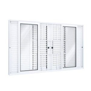 Janela Veneziana de Correr Central Flex 4 Folhas Móveis 2 Fixas com Grade Lucasa Eccellente 120x15