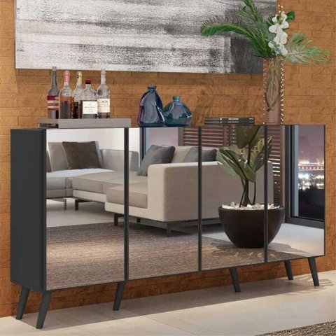 Aparador Buffet 4 Portas com Espelho e Pés Retrô Vegas Preto