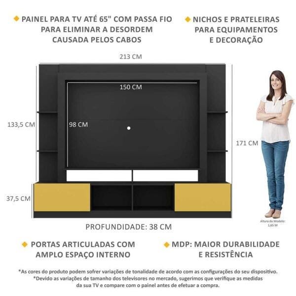 Rack Estante com Painel TV 65 Polegadas e 2 Portas Oslo Multimóveis Preto/Amarelo - 3